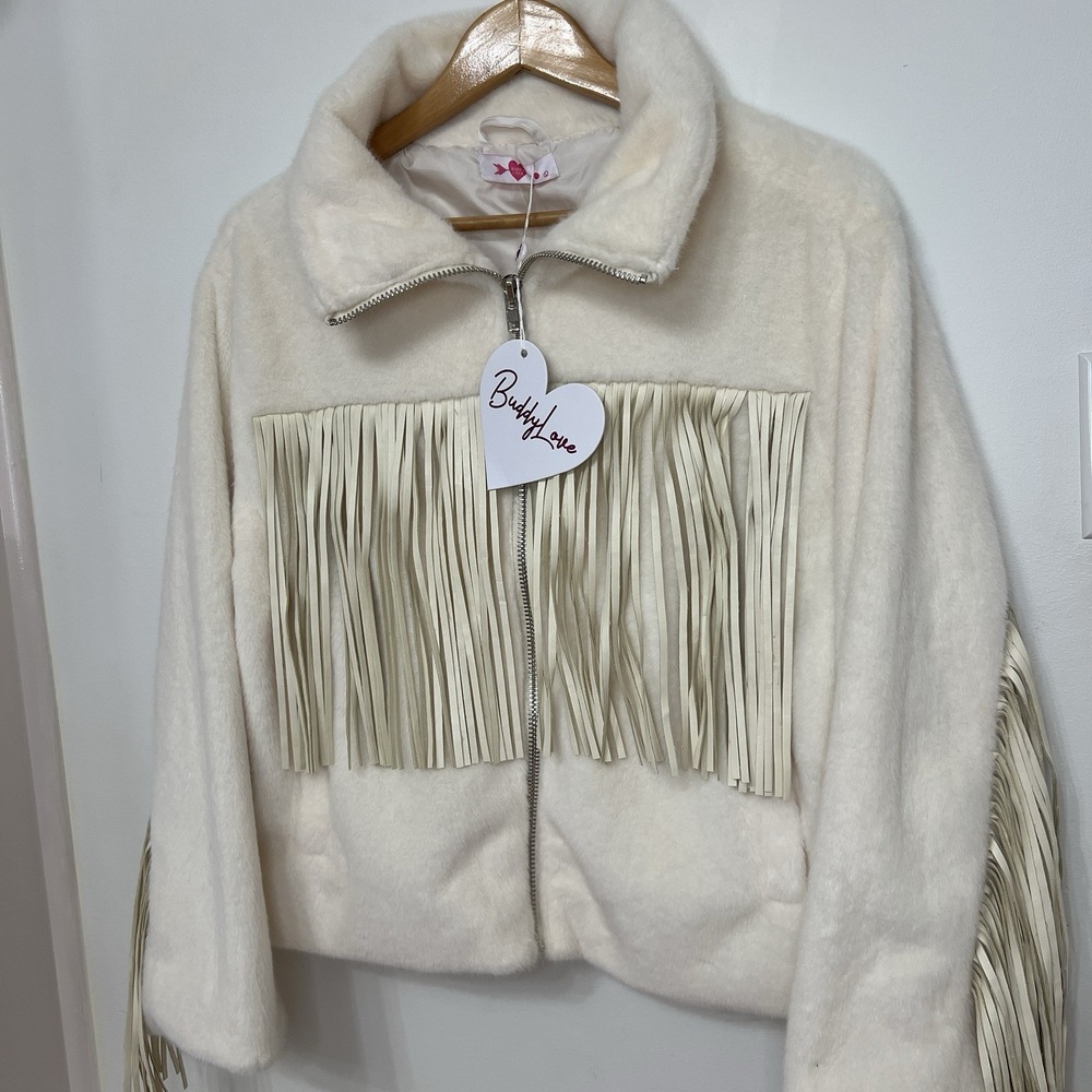 BuddyLove Skylar Fringe Faux Fur Jacket Cream Women's Zip‎ Statement Coat Large